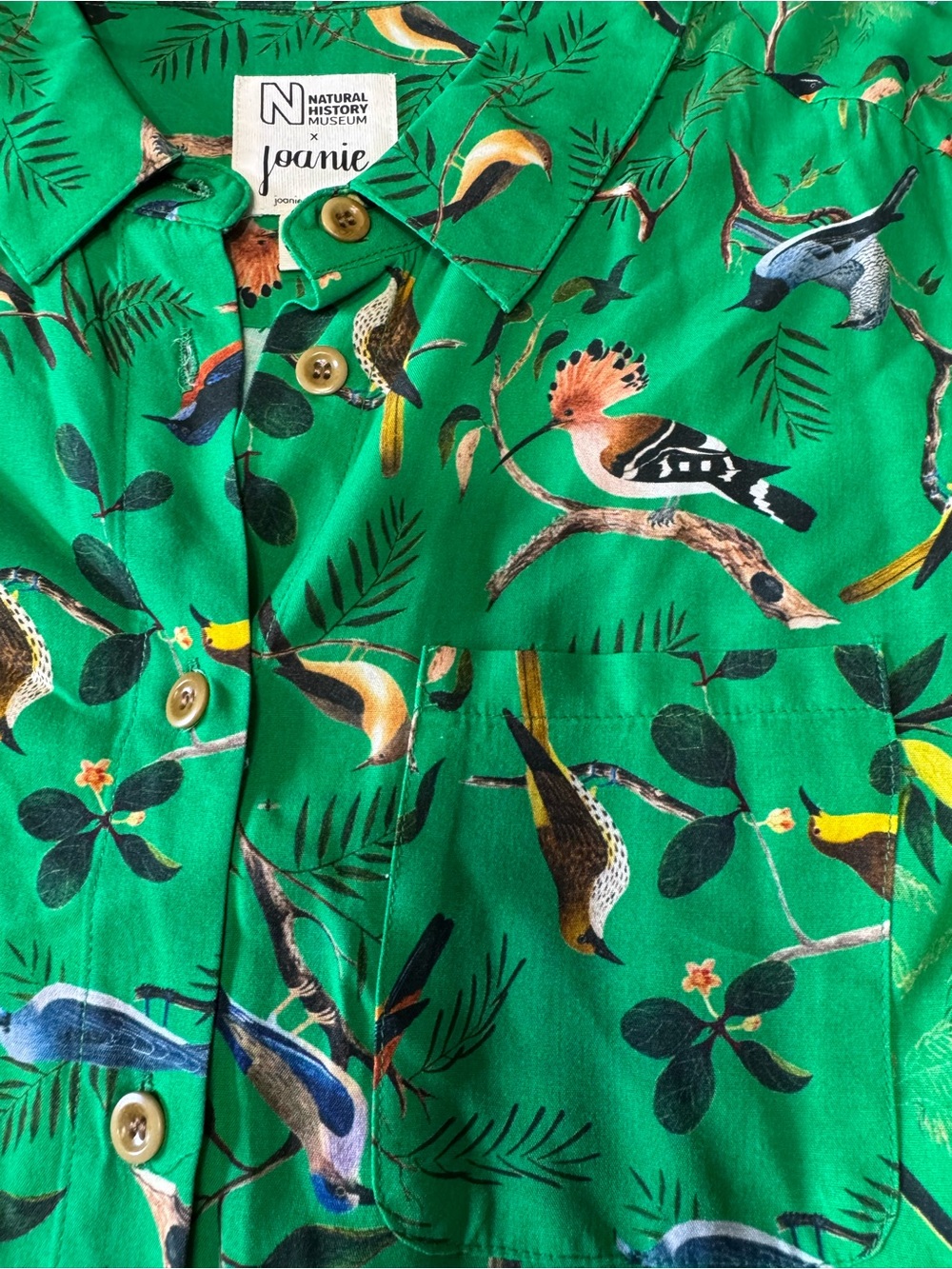 Joanie x Natural History Museum Bird Print Blouse Women’s US 10 Green - Picture 3 of 8